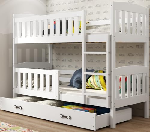 Interbeds Etagenbett 200x90cm Hochbett Stockbett mit Schublade Holzbett Kiefernholz Kinderbett Jugenbett mit Lattenrost und Rausfallschutz (weiß, 200x90)