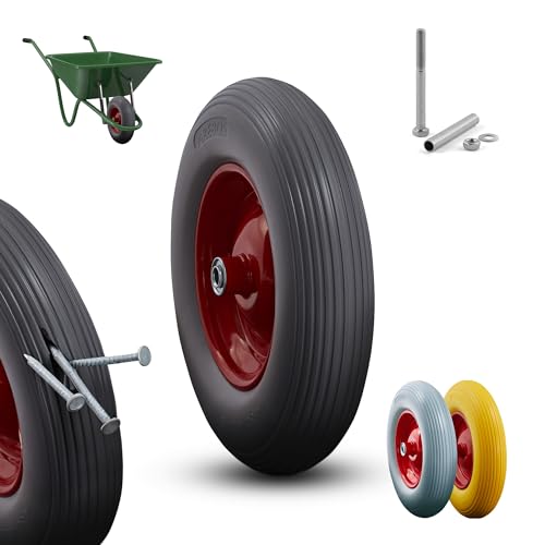 Arebos Schubkarrenrad aus pannensicherem PU Vollgummi Tragkraft 200 kg | Reifen mit Stahlfelge | 4.80/4.00-8 | Ersatzrad Gummirad mit Achse | Schubkarren Rad | Durchmesser 390 mm | Schwarz