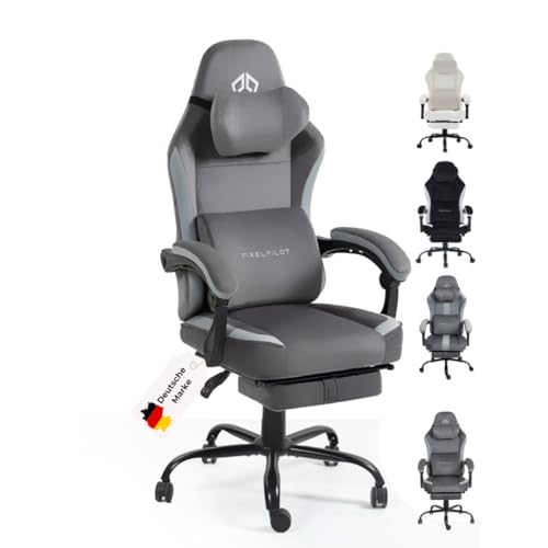 PixelPilot Ergonomischer Gaming Stuhl [Atmungsaktiver Stoff] Chair mit Fußstütze, Kopf- und Lendenwirbelstütze, Gamer PC Stuhl [breite Sitzfläche] Bürostuhl 150 kg Belastbarkeit (Nebula, Grau Pure)