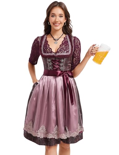 KOJOOIN Dirndl Damen Trachtenkleid Weinrot Dirndlkleid Midi Jacquard Trachtenrock Oktoberfest Outfit mit Dirndlschürzen Weinrot 42