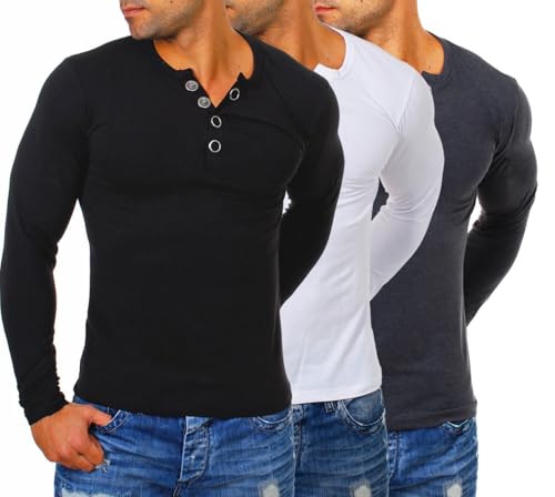 Young & Rich Herren Longsleeve Langarm T-Shirt Knopfleiste mit extra großen Metall Knöpfen Slimfit Big Buttons 2872, Grösse:3XL, Farbe:Weiß/Schwarz/Dunkelgrau (3er Pack)
