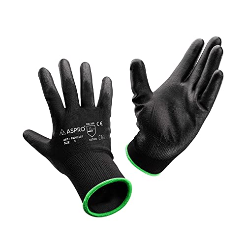 ASPRO Arbeitshandschuhe 10 Paar Größe 10 (XL)- Gartenhandschuhe-Schwarze Nylon-Handschuhe mit PU-Beschichtung für Bauarbeiter, Gärtner, Mechaniker, Bauarbeiter, Lagerarbeiter etc.