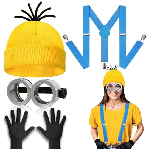 WEARXI Halloween Kostüm, Halloween Kostüm Damen, 4 Stück Gelbes Kostüm Set,Erwachsene für Party Cosplay für Damen Herren Kinder, Mütze Brille Hosenträger Handschuhe