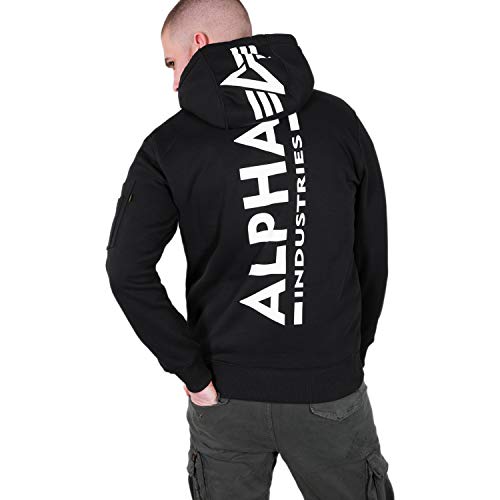 Alpha Back Print Hoody kuscheliger Kapuzensweater mit Bauchtasche und Multifunktionstasche mit Siebdruck, Größe:L, Farbe:black