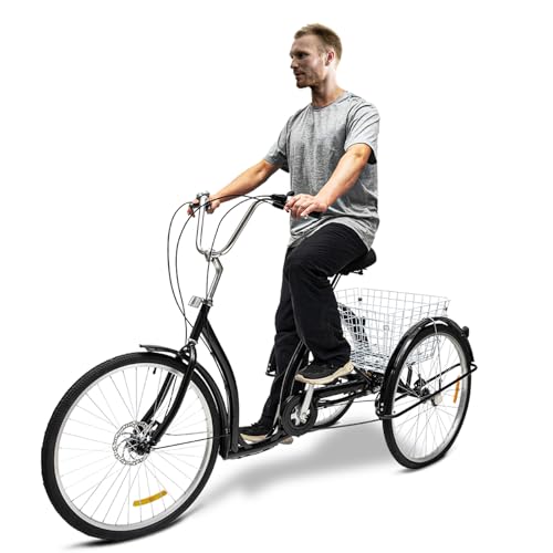 TONFEION 26 Zoll Dreirad für Erwachsene, 3-Rader Fahrrad mit Einkaufskorb & Licht, 3-Räder Dreirad für Erwachsene & Senioren 6-Gang, Lastenfahrrad Tragfähigkeit 120kg, Schwarz