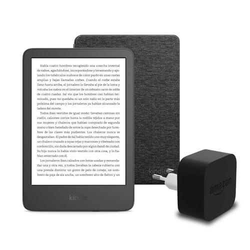 Den neuen Kindle (2024 Release) 16 GB mit Werbung, eine Amazon-Stoffhülle und ein Amazon Powerfast 9-W-Netzteil.
