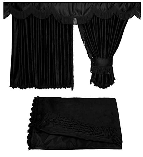 Adomo Lkw Gardinen für Volvo FH, Schwarz mit geraden Fransen und Unterstoff, 100% Polyester, Blickdicht, Aufrollbar, Set aus 5 Teilen