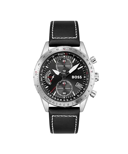 BOSS Herren Chronograph Quarz Uhr 44mm Pilot Edition Chrono mit Schwarzem Zifferblatt, Schwarzem Lederarmband, Datumsfunktion, 3 Totalisatoren, 5ATM Wasserdichtigkeit - 1513853