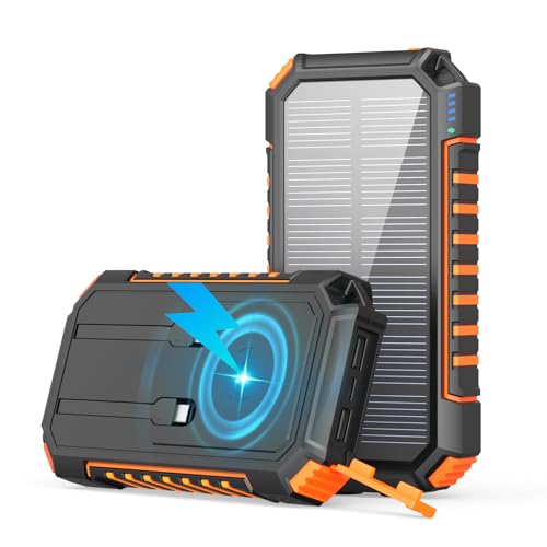 Wireless-Solar-Power-Bank-27000mAh - Riapow 22,5W Schnellladung Powerbank Solar mit 2 Kabeln & Doppelte Taschenlampe, USB C PD QC 3.0 Externes Akku für Smartphones Tablets Camping (Orange)