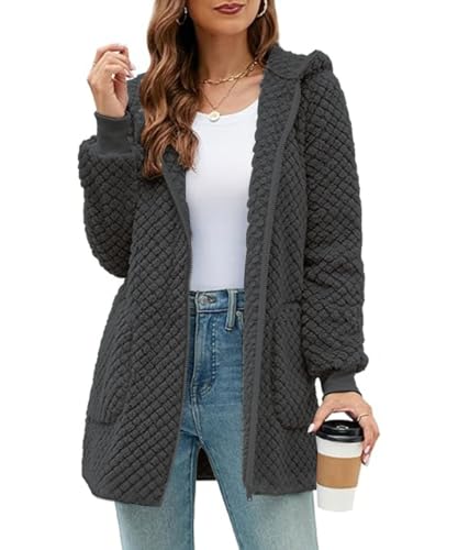 ABINGOO Damen Winterjacke Fleecejacke Lang Kapuzenjacke Teddyjacke Flauschig Plüschjacke Warm Reißverschluss Hoodie Kuscheljacke Wintermantel Mit Taschen(Grau,XXL)
