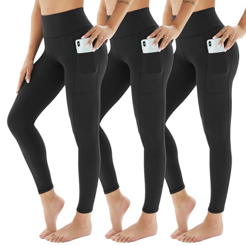 AMIYOYO Sport Leggings Damen mit Tasche High Waist Leggins Blickdicht Sporthose Bauchweg Sportleggins Lang Dehnbar Hose Yoga für Gym Fitness 3er Pack