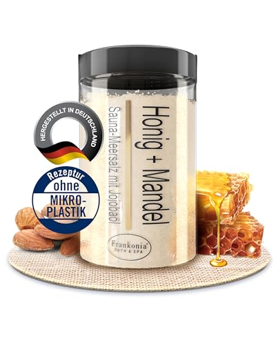 Frankonia BATH & SPA Sauna Salz Peeling – Honig Mandel 400g - Meersalz m. Jojobaöl Vitamin E Body Scrub – Dusch- und Körperpeeling für alle Hauttypen – vegan – ohne Parabene