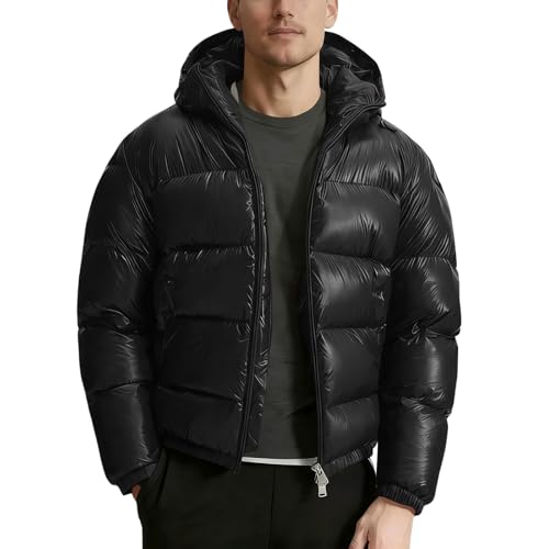 Generisch Glänzende Daunenjacke Herren Warme Winterjacke Leichte Steppjacke Mit Kapuze Outdoor Puffer Jacke Puffermantel Langarm Wintermantel Schwarz S