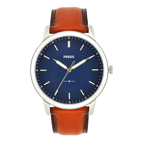 Fossil Minimalist uhr für Herren, Quarzwerk mit Edelstahl- oder Lederarmband, Blau und Braun, 44MM
