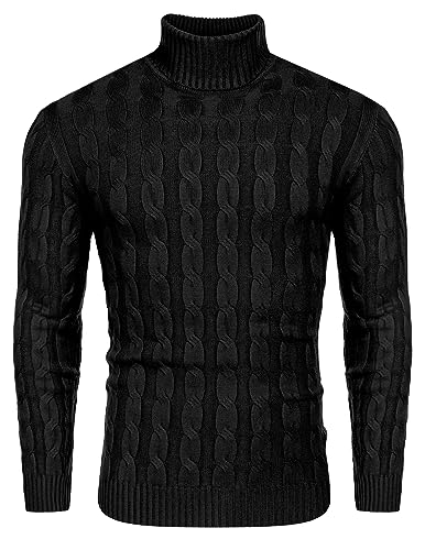 COOFANDY Herren Rollkragenpullover Basic Strickpullover Zopfmuster Rollkragenshirt Feinstrick Pullover Regular Fit Sweatshirt mit Bündchen Schwarz XXL