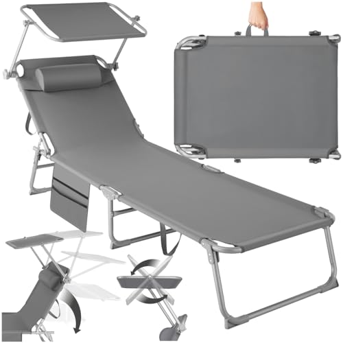 tectake® Sonnenliege klappbar, tragbar, Liege mit Seitentasche, Strandliege, Gartenliege mit Dach, Liegestuhl mit Verstellbarer Rückenlehne, inkl. Kopfkissen - für Balkon, Terrasse, Camping - grau