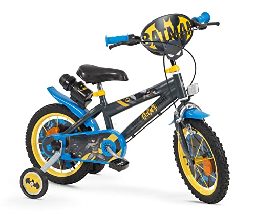 Toimsa Kinderfahrrad Batman 14 Zoll Schwarz/Blau/Gelb | Felgenbremse Trommelbremse Stützräder Speichenschutz Trinkflasche | Alter 4-6 Jahre
