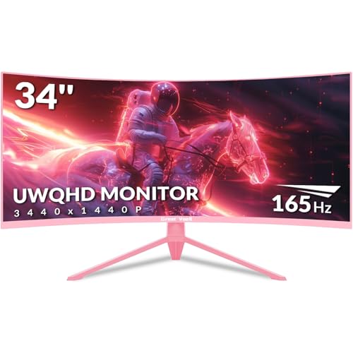 Great voell Gaming Monitor Curved 34 Zoll - 165Hz, WQHD 3440 * 1440 Pc Monitor, 1500R Curved Bildschirm, 4000:1 Kontrast,VA Panel, 127% sRGB, HDR10, FreeSync, VESA 100x100 mm - Pink