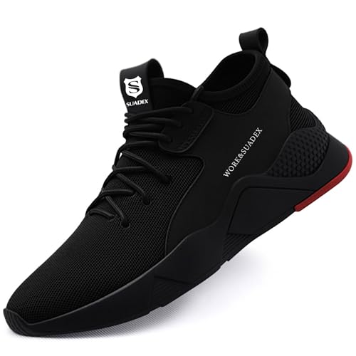 SUADEX Arbeitsschuhe Sicherheitsschuhe Herren Damen Leicht Atmungsaktiv Stahlkappenschuhe Unisex Sneaker mit Stahlkappe (02-Schwarz 44EU)