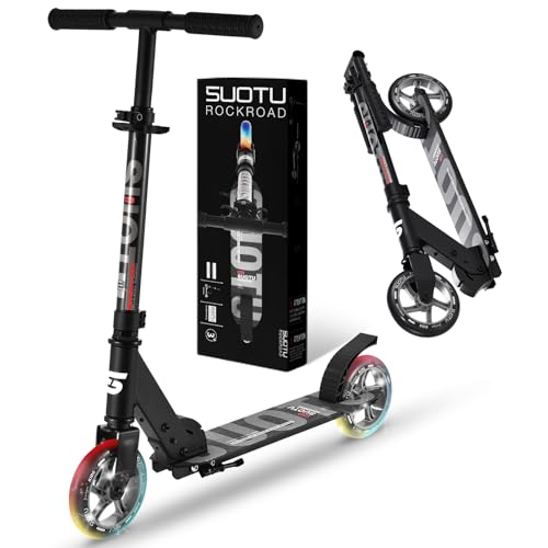 SUOTU Roller Kinder mit 145 mm Rollen, Scooter mit Leuchtrad für 3-12 Jahren, Zusammenklappbarer, Höhenverstellbarer, Cityroller for Boys and Girls, Aluminium (Schwarz)