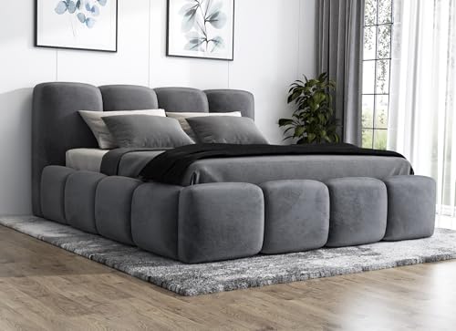 A&J MöbelLand Polsterbett 180x200 mit Bettkasten und Lattenrost – DONA, Bett mit Matratze und Stauraum in Dunkelgrau