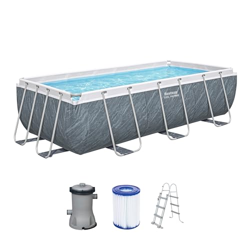 Bestway Power Steel Frame Pool Set mit Filterpumpe 404 x 201 x 100 cm, Marmor-Optik (Schiefergrau), eckig
