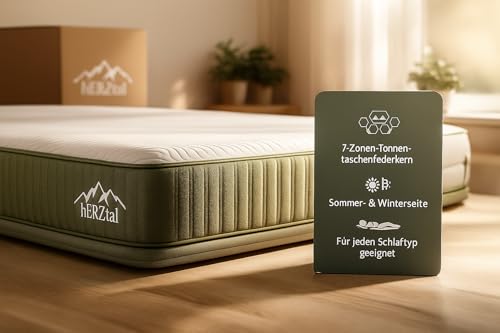 hERZtal 7-Zonen Taschenfederkernmatratze 90x200 cm – 18 cm hoch, All in One, punktelastisch & atmungsaktiv, Sommer-/Winterseite, Bezug abnehmbar & 60 °C waschbar, Zertifiziert