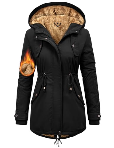 Nadeer Mantel Damen Winterjacke Lang Parka Gefüttert Wintermantel Wasserdicht mit Kapuze Warm Winterparka(Schwarz,L)