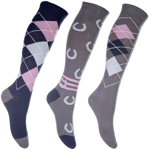 RL24 - Reitsocken Basicline 3er Set – Kniestrümpfe zum Reiten – Damen & Herren Socken – atmungsaktive Reitersocken – Unisex Reitstrümpfe – Reitzubehör in Grau/Blau & Größe 35-38