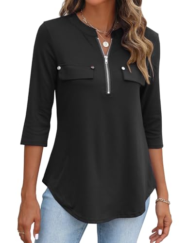 BDTECAOR Blusen für Frauen Dressy Casual 3/4 Ärmel Reißverschluss V Ausschnitt Business Casual Tops Sommer Mode Schwarz XXL