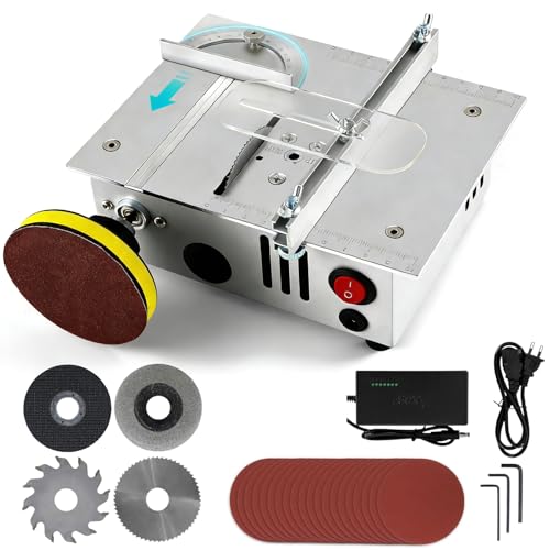 VOBOR Mini Tischkreissäge mit Polierscheibe und 4 Klingen, 7-Gang-Netzteil Einstellbarer, Sägeblatt Höhenverstellbarer und Sicherheitsklappe, Tragbare Tischsäge Klein für Holzbearbeitung