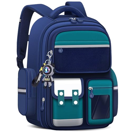 Amythe Schulranzen Jungen, Kinderrucksack Große mit Süßem Anhänger, Schultasche für Jungen 2. bis 5.Klasse, Rucksack Kinder für die Schule oder Reisen mit Mehreren Fächern, Grün