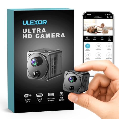 ULEXOR 4K Mini Kamera 2,4/5GHz WLAN Überwachungskamera Innen WiFi Camera mit Live Übertragung aufs Handy, PIR Bewegungserkennung, Nachtsicht, Cloud Speicher, Lange Akkulaufzeit