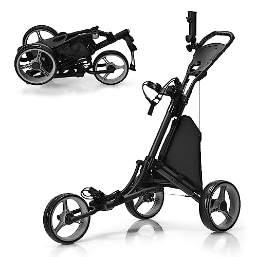 COSTWAY Golf Trolley, 3 Rad Golftrolley, Golfwagen Golf klappbar, Golfcaddy Golf Push Cart aus Aluminum, Golfcaddy mit Schirmhalter, T-Stückhalterung und Aufbewahrungstasche