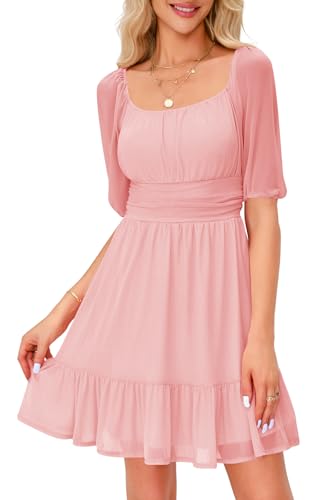 Imily Bela Damen Kleider Square Neck Partykleid Mesh Minikleid High Waist Falten Langarmkleid Hochzeitsgast mit Rüschen(1-Rosa, M)
