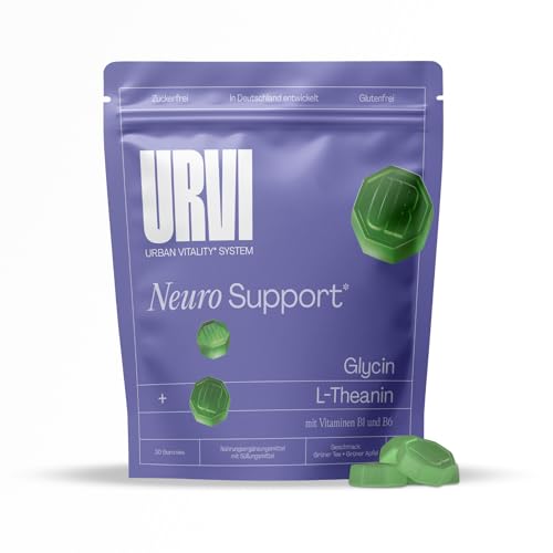 URVI® Neuro Support Gummies - 150 mg L-Theanin, 500 mg Glycin, Vitamin B1 & B6 - Zuckerfrei, Glutenfrei - Grüner Tee & Apfel Geschmack - 30 Stück