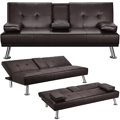 Yaheetech 3er-Sofa Schlafsofa Couch mit Tassenhalter Gästebett, Rückenlehne neigbar 105°/140°/180°, 167 x 81,5 x 75 cm, 350 KG belastbar, braun Kunstleder