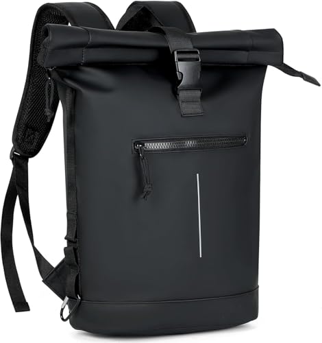 Lekeinchi Rolltop Rucksack Wasserdicht für Damen & Herren, Großer Laptop Rucksack mit Computerfach für 17 Zoll Laptop, Elegant Reiserucksack Daypack für Reisen, Radfahren, Uni Schule--Schwarz