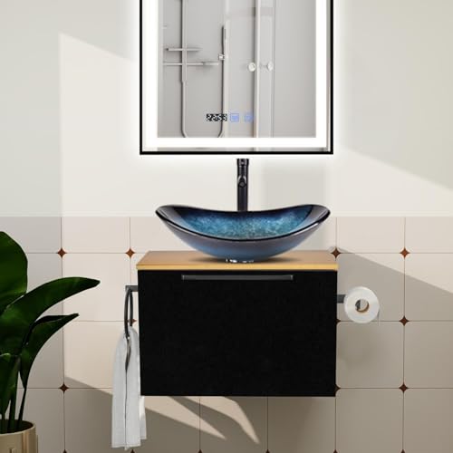 ZealWe Badmöbel Set 2-teilig Waschbecken mit Unterschrank 60 cm mit Handtuchhalter Rollenhalter, Waschtischunterschrank hängend mit Waschtish 54 cm für kleine Gäste WC Waschplatz, Blau