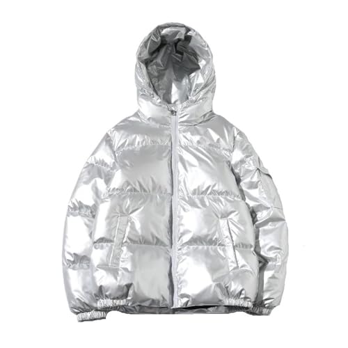 VYOTWBZ Damen Kurze Jacke Winter Glänzend Große Größe Kapuze Parka Outwear Daunen Gepolsterte Mäntel Weiblich(Silver,M)