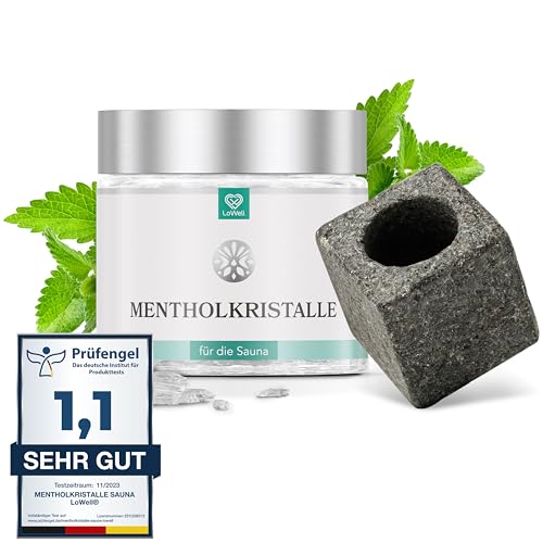 LoWell® - Sauna Set Mentholkristalle 100g + Aufgussstein - Ideale Kombination - Tolles Geschenk-Set - Menthol Kristalle Sauna