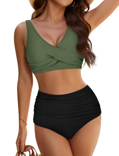 Evolyline Sexy Push Up Bikini Damen Set Mit Cups, High Waist Zweiteile Oberteil Große Brüste Badeanzüge Bauchweg, Triangel Bikini-Sets Sommer Bademode V Ausschnitt Bikinis Swimsuit 2pieces S-XL