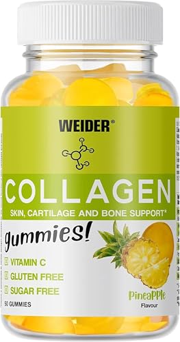 Weider Collagen Gummies, Kollagen Gummibärchen mit Vitamin C für Haut, Knochen und Knorpel, Fruchtgummies, hochdosiert, zuckerfrei & glutenfrei, leckerer Ananas-Geschmack, 50 Stück