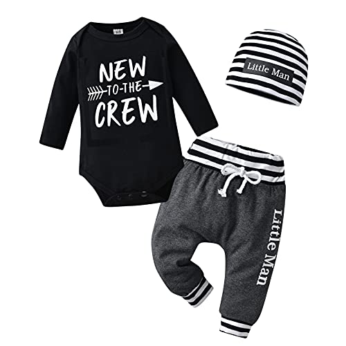 Tinykeke Neugeborenes Baby Jungen Kleidung Langarm Strampler New to The Crew Tops + Hut + Hose 3 tlg Babykleidung Set (0-3 Monate)