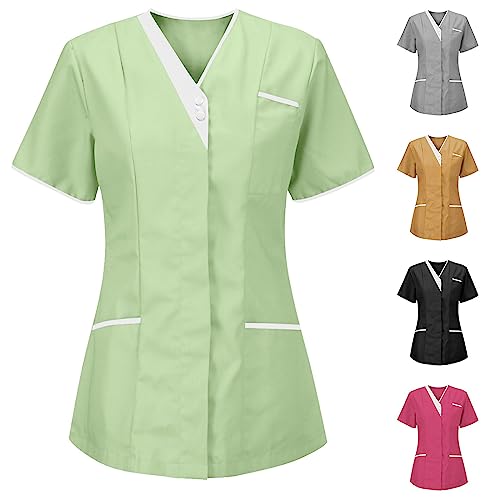 Kasacks Damen Pflege Günstig Einfarbig Kurzarm V-Ausschnitt T-Shirt Tops mit Taschen Schlupfhemd Arbeitsuniform Pflegebekleidung Krankenpfleger Uniform Pflegeheim Nurse Berufskleidung XXXL