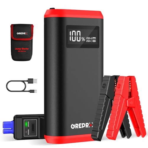 GREPRO Starthilfe Powerbank (bis zu 10.0L Benzin,8.0L Diesel), Auto Starthilfe Powerbank für 12V Starter Powerbank, Tragbare Auto Starthilfe mit LCD Bildschirm Leistungsanzeige,LED Taschenlampe