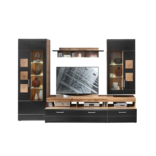 Stella Trading SONATE Wohnwand Komplett-Set in Eiche Altholz Optik, Schwarz - Moderne Schrankwand mit LED-Beleuchtung für Ihr Wohnzimmer - 330 x 208 x 52 cm (B/H/T)