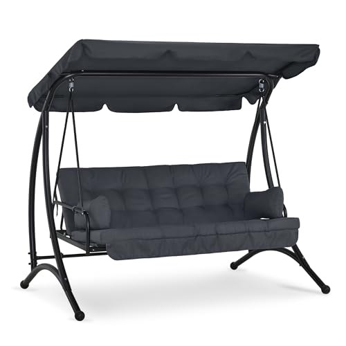 M MCombo3-SitzerHollywoodschaukel mit Liegefunktion, mit Extradickem Sitzkissen &Sonnendach, Gartenschaukel bis 300kg Belastbar, 201x125x173 cm, Schaukelbank OutdoorWetterfest 4095 (grau)