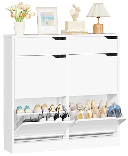 IRONCK Schuhschrank mit 4 Klappen, Schuhkipper Schmal mit 2 Schubladen, freistehendes Schuhregal, Schuhkommode mit verstellbaren Trennwände, Schuhablage Schrank für Flur Eingang und Wohnzimmer (Weiß)