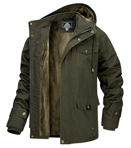 MAGCOMSEN Winterjacke Herren Parka Winddichte Fleece Futter Winter Outdoor Warme Arbeitsjacke Männer Verdickt Jacke mit Vielen Taschen Armeegrün XL